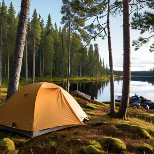 Home 23 **Forest Camping in Northern Sweden:** A serene scene of a tent nestled among tall trees next to a clear lake in a Swedish forest, with hiking gear nearby.