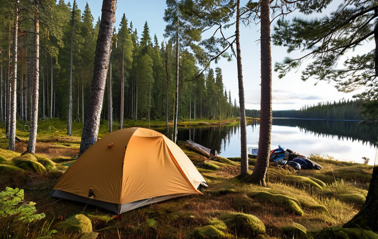 **Forest Camping in Northern Sweden:** A serene scene of a tent nestled among tall trees next to a clear lake in a Swedish forest, with hiking gear nearby.