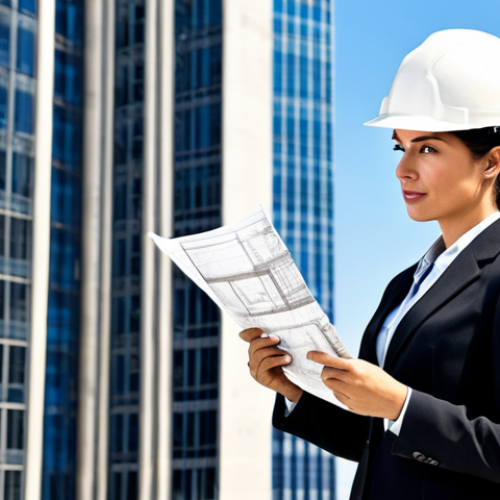Home 22 **
"A professional female architect, fully clothed in modest business attire, reviewing blueprints on a construction site with a modern skyscraper in the background, wearing a hard hat, safe for work, appropriate content, professional, perfect anatomy, correct proportions, natural pose, well-formed hands, proper finger count, natural body proportions, high quality."
**