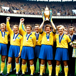 1948 Olympics Victory**

"A triumphant Swedish football team celebrating their gold medal win at the 1948 London Olympics. Players in classic blue and yellow jerseys, hoisting the trophy amidst cheering crowds, stadium background, daytime. fully clothed, appropriate attire, safe for work, perfect anatomy, natural proportions, professional photography, high quality, family-friendly."

**