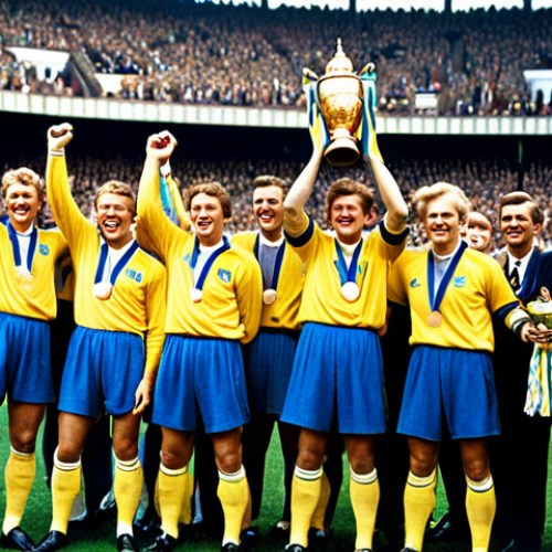 Home 20 1948 Olympics Victory**
"A triumphant Swedish football team celebrating their gold medal win at the 1948 London Olympics. Players in classic blue and yellow jerseys, hoisting the trophy amidst cheering crowds, stadium background, daytime. fully clothed, appropriate attire, safe for work, perfect anatomy, natural proportions, professional photography, high quality, family-friendly."
**