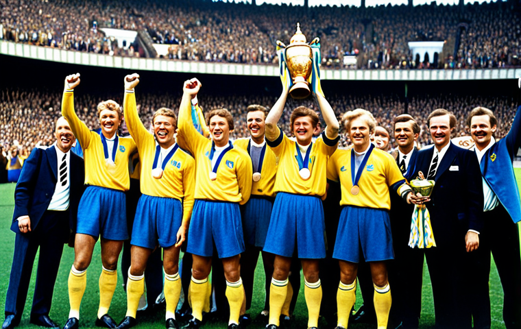 1948 Olympics Victory**
"A triumphant Swedish football team celebrating their gold medal win at the 1948 London Olympics. Players in classic blue and yellow jerseys, hoisting the trophy amidst cheering crowds, stadium background, daytime. fully clothed, appropriate attire, safe for work, perfect anatomy, natural proportions, professional photography, high quality, family-friendly."
**