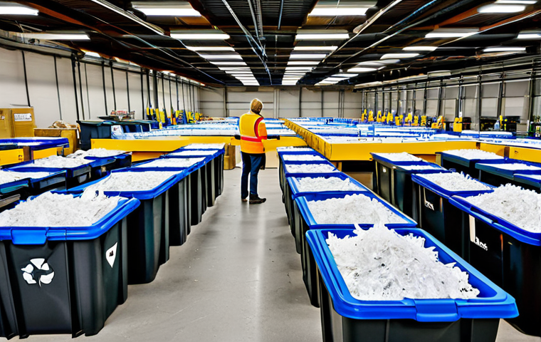 Recycling in Sweden**
"A brightly lit, clean Swedish recycling center, fully clothed people sorting various materials (paper, plastic, glass) into designated bins, clear signage with recycling symbols, safe for work, appropriate content, well-organized system, educational posters about recycling, family-friendly, perfect anatomy, natural proportions, professional photography, high quality, fully clothed, modest clothing, realistic."
**