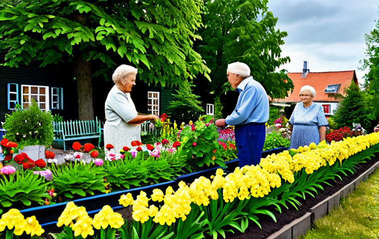 스웨덴의 실버타운 문화 - **
"A vibrant scene of elderly residents in a Swedish Silver Town, fully clothed in appropriate att...