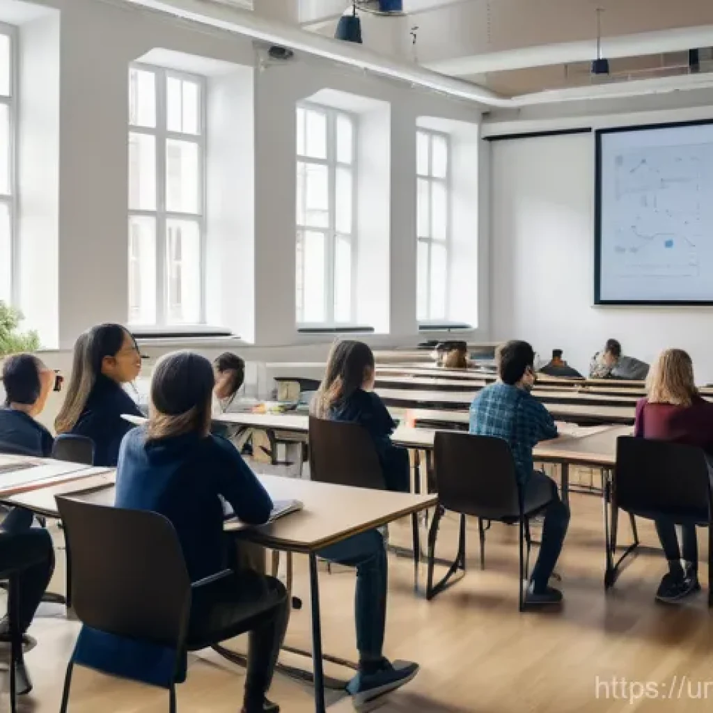 스웨덴 유학 가이드 - "A dynamic, wide-angle shot of a modern university lecture hall or collaborative study space in Swed...
