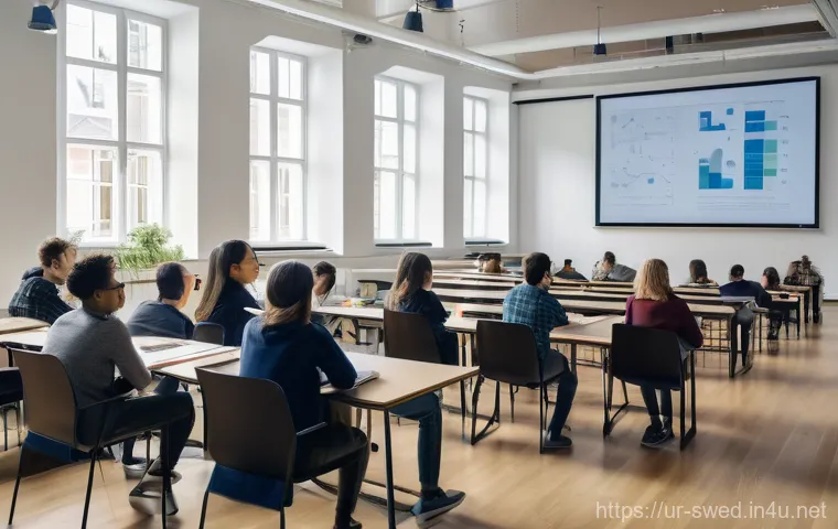 스웨덴 유학 가이드 - "A dynamic, wide-angle shot of a modern university lecture hall or collaborative study space in Swed...