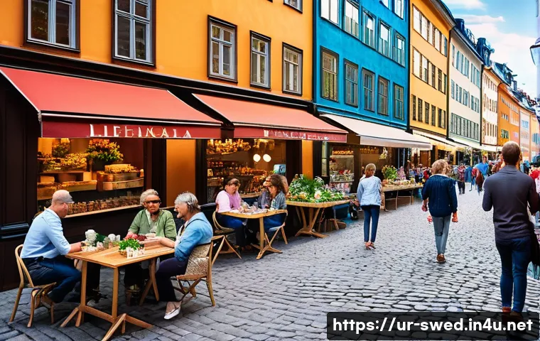 스웨덴과 유럽 여행 루트 - A vibrant European city street scene in Stockholm during the day, showcasing modern tall buildings w...