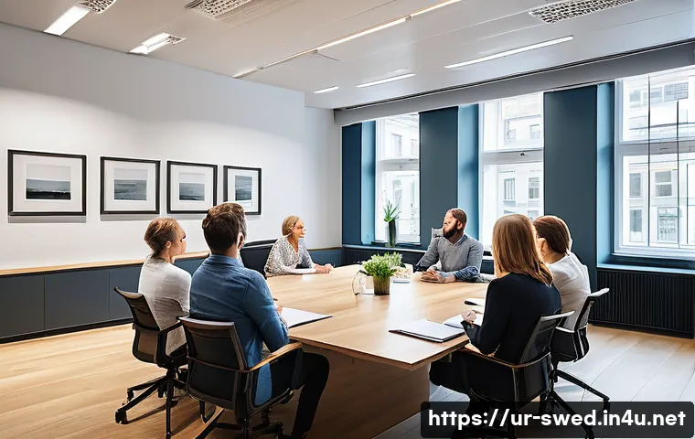 스웨덴에서 주의해야 할 문화적 차이 - A detailed office meeting scene in Sweden featuring a diverse group of professionals practicing punc...
