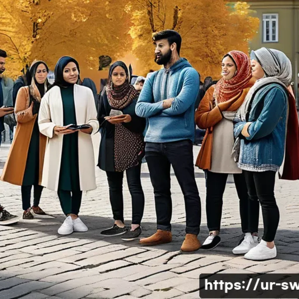 스웨덴에서 벌어진 유명 사건 - A detailed urban scene in Sweden showing a diverse group of young adults and families gathered in a ...