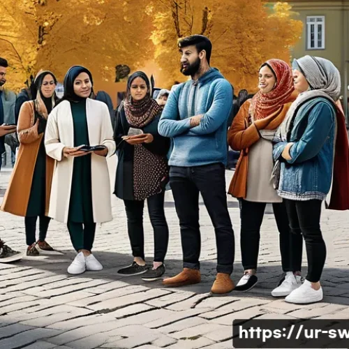 스웨덴에서 벌어진 유명 사건 - A detailed urban scene in Sweden showing a diverse group of young adults and families gathered in a ...