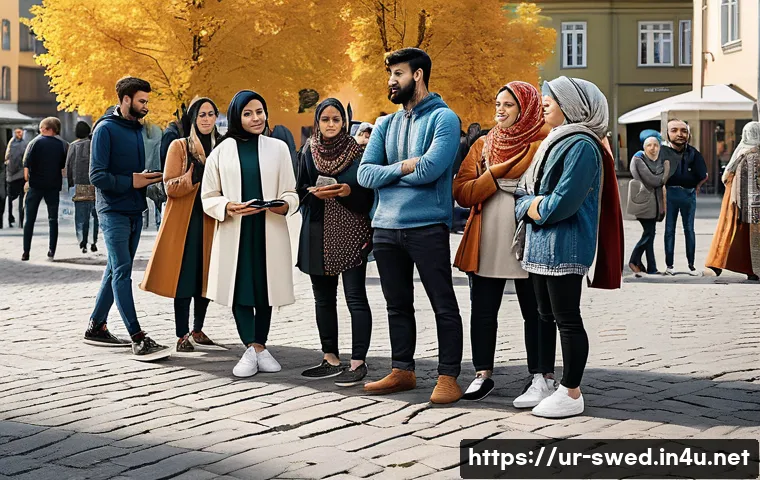 스웨덴에서 벌어진 유명 사건 - A detailed urban scene in Sweden showing a diverse group of young adults and families gathered in a ...