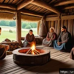 스웨덴 바이킹 문화 - A detailed scene of a Viking family gathering inside a traditional longhouse, showcasing a warm, com...