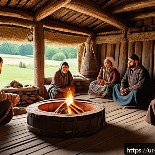 스웨덴 바이킹 문화 - A detailed scene of a Viking family gathering inside a traditional longhouse, showcasing a warm, com...
