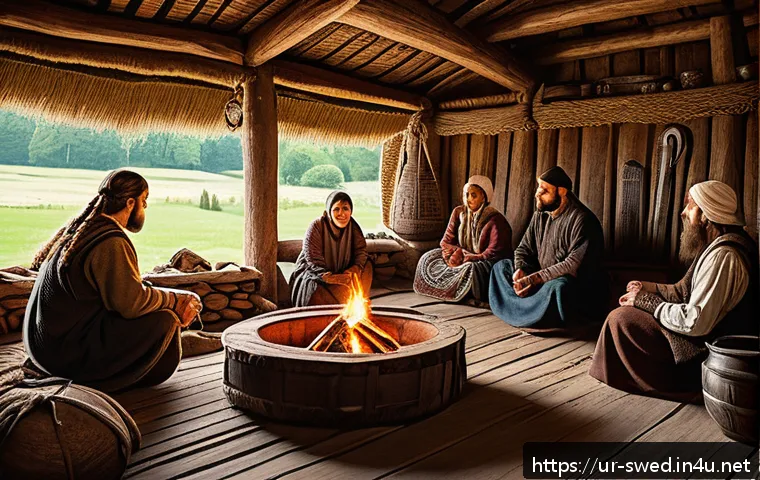 스웨덴 바이킹 문화 - A detailed scene of a Viking family gathering inside a traditional longhouse, showcasing a warm, com...