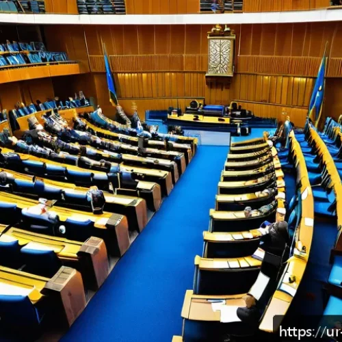 스웨덴의 정치 시스템 - A detailed and vibrant illustration of the Swedish Parliament (Riksdag) chamber during a session, sh...
