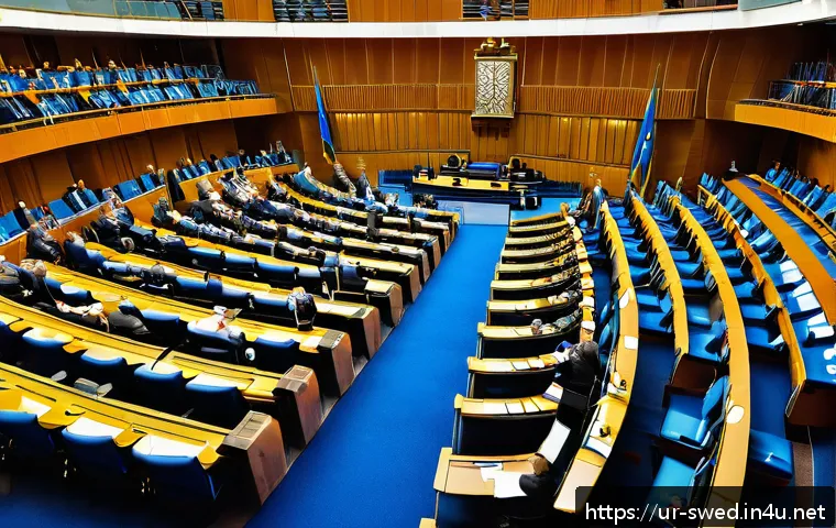 스웨덴의 정치 시스템 - A detailed and vibrant illustration of the Swedish Parliament (Riksdag) chamber during a session, sh...