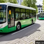 스웨덴과 독일 비교 - A vibrant urban scene in a Swedish city showing a modern, eco-friendly public transport system with ...