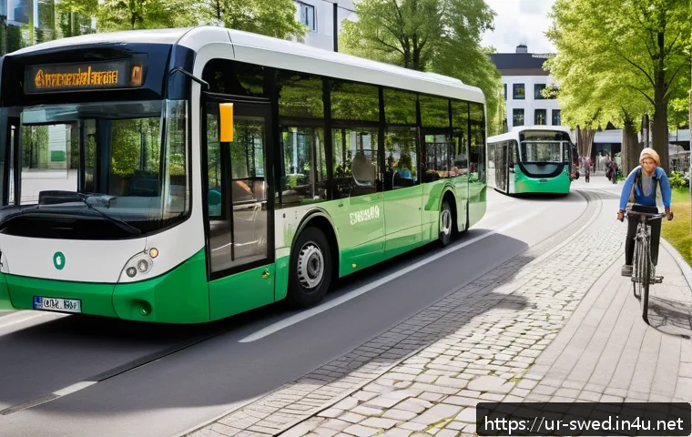 스웨덴과 독일 비교 - A vibrant urban scene in a Swedish city showing a modern, eco-friendly public transport system with ...