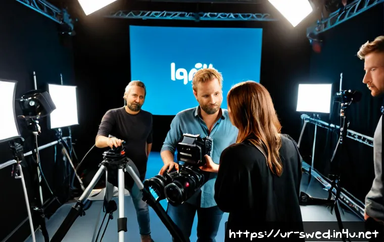 Home 17 스웨덴의 영화 산업 - Photorealistic behind-the-scenes Swedish film production on a modern soundstage in Stockholm, divers...