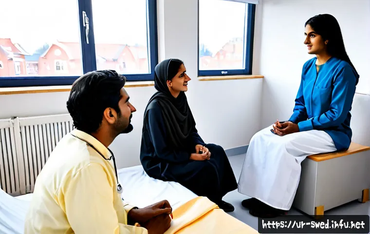 Home 17 스웨덴의 의료제도 - Photorealistic Swedish public healthcare consultation, compassionate female doctor in a clean modern...