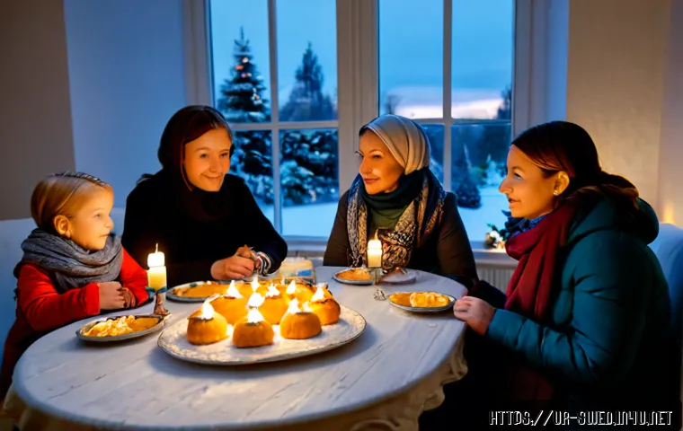 스웨덴 크리스마스 전통 - Photorealistic Swedish Christmas Eve living room, a warm multigenerational family gathered around a ...